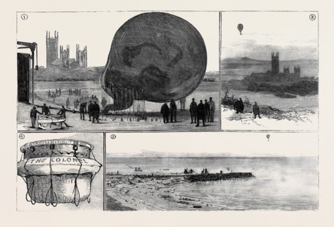 THE ATTEMPTED BALLOON VOYAGE ACROSS THE CHANNEL: 1. Inflating the Balloon; 2. The Start from