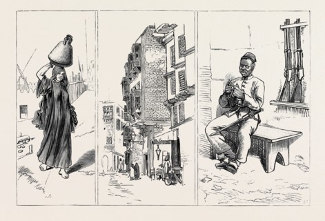 ROUND THE WORLD YACHTING IN THE "CEYLON", CAIRO, EGYPT: A WATER-CARRIER (LEFT); A STREET (CENTRE);