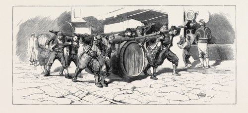 ROUND THE WORLD YACHTING IN THE "CEYLON"; CONSTANTINOPLE: PORTERS CARRYING A CASK