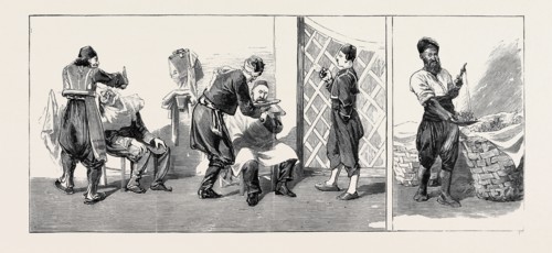 ROUND THE WORLD YACHTING IN THE "CEYLON"; CONSTANTINOPLE: STREET BARBERS (LEFT), A PEAR SELLER