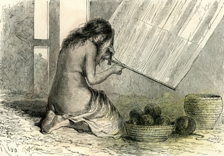 Conibos woman weaving, 1869, Peru