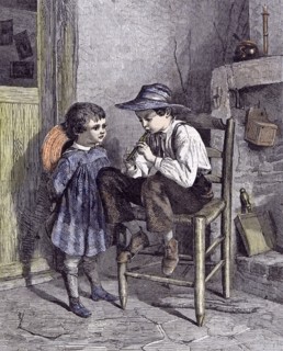The Lesson on the flageolet; children; 1860, Playing wooden flute; wooden chair; stick; candle;