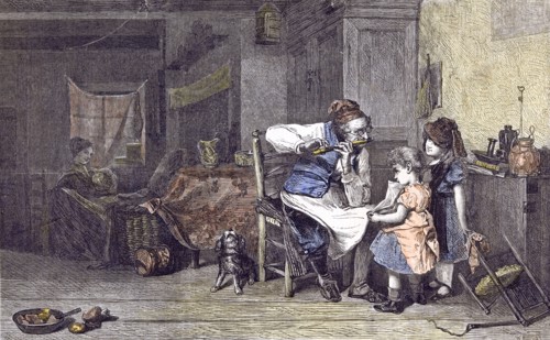 The Music Lesson; J. Burr; Children; Flute; 1860, old man playing flute in room; cupboard; chair;