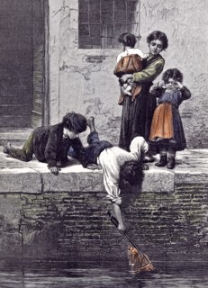 To The Rescue; L. Passini; 1878; Children, children rescuing a doll from the water; crying; river