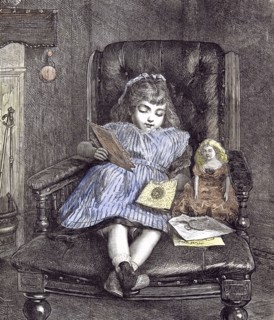 Valentine's Day; Which Shall I have?; 1877; Child; Doll, girl picking valentine's cards; sofa; blue