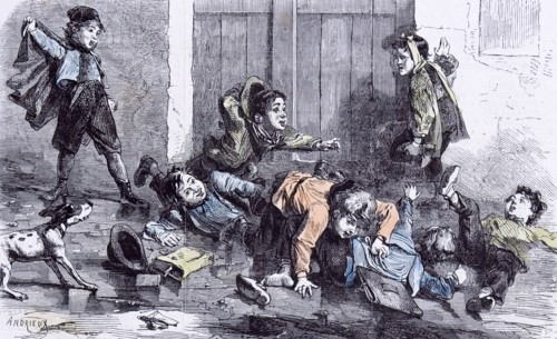 Children in the winter of 1879, slipppery; wooden shoes; dog; books; cap; hat; joy; play; fun;
