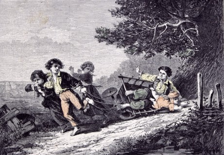 Children with a cart in 1870, cart; country lane; tree; accident; play; joy; hapiness; clumsy;