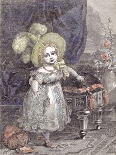 His royal highness Albert Edward prince of wales in 1843, interior; hat; child fashion; flowers;