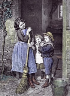 Children and the Saturday's purchase, 1891, straw hat; broom stick; headpiece; chapeau; stetson;
