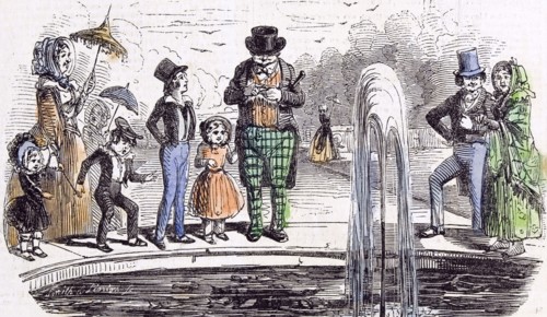 Holiday group in Hampton Court Gardens, London, 1843, holiday; fountain; break; vacation; long