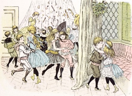 Children's affection in 1892 by Mars, kiss, interior; carnival; fancy ball; fun; joy; merry;