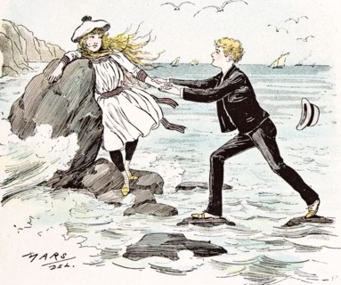A Maiden in distress in Hastings Britain, 1892, Girls, sea side; rescue; holiday; boy; hats;