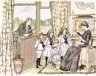 In love with the governess in Britain, 1892, by Mars, reading: piano; sheet music; books; teacher;