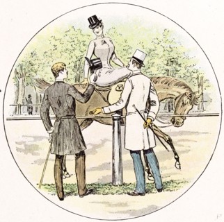 Lady on her horse in 1892, Britain, by Mars, horse riding; gentlemen; costume; fashion; hat; stick;