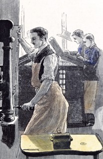 Little boy's home at Farningham, Britain, 1891, the composing room at the printing department; the
