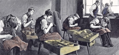 Little boy's home at Farningham, Britain, 1891, the shoemakers shop; the anniversary of the little