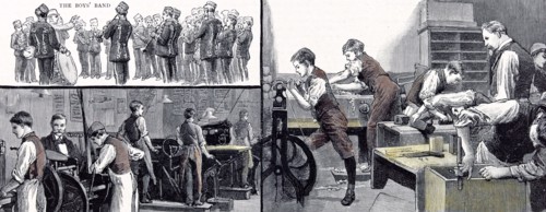 Little boy's home at Farningham, Britain, 1891. , The Printing Office and the Carpenters shop; the