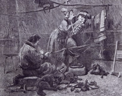 Fisherman's hut with family in Lapland by J.F. Hockert, 1862, swedish painter; sweden; scandinavia;