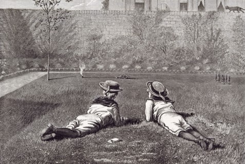 Our boys by Walter Severn, 1877, garden; wall, grass; hat; tin soldiers; tin gun; cat; scrubs;