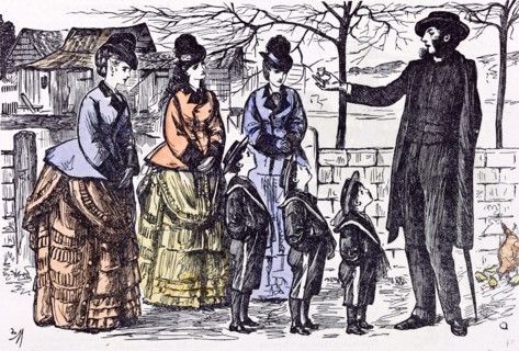 Children and a broken Egg-Shell, 1874, ladies; man; walk, street; wall; park; outdoor; chicken;