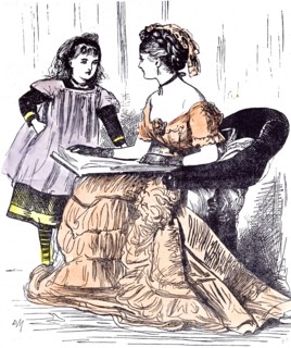 Sunday evening, girl and mother, 1874, book; reading; sitting; chair; at home; interior; mamma;