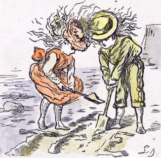 At the seaside, 1873, beach, sea, spade, holiday; weekend; wind; breeze; digging; hats