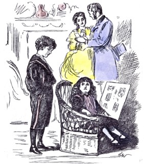 Girl reading at home, 1874, chair; parents; brother; sister; at home; room; interior; book