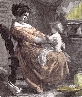 Mother and child by M. van Muyden, 1855, interior; washing; dressing; family; hapiness; warmth;
