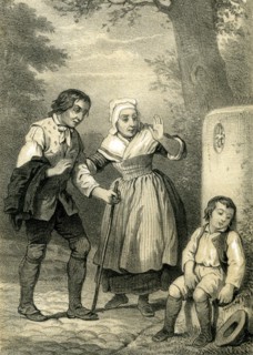 Young sleeping child, 19th century, hat, woman, man, walking stick, country side, walk