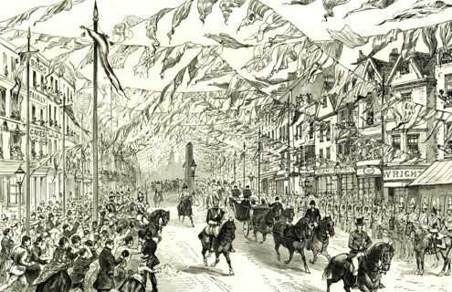 Whitechapel, London, U.K., 1887, Royal procession in High street, East London, horses, people,