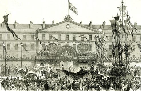 Whitechapel, London, U.K., 1887, the Royal procession passing the London hospital, may god bless