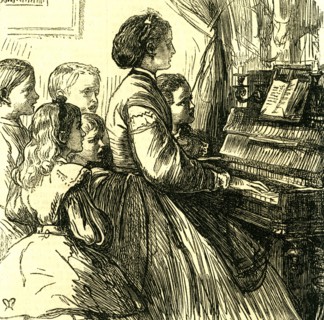 Mama at the piano; U.S.A.; teaching little songs; to little ones who are to sing them; 1866; United