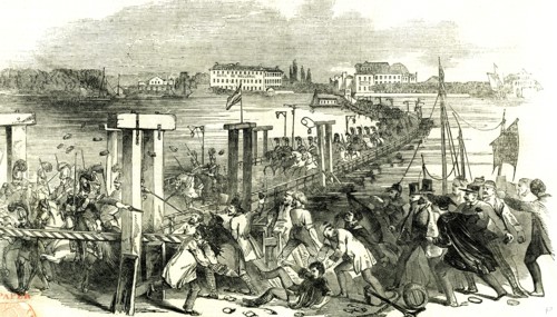 Cologne, KÃ¶ln, 1846, The charge of Cavalry across the bridge of Boats, during the riot at Cologne.