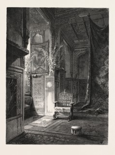 CHAMBER IN THE MUSAFFIR KHANA IN WHICH THE EX-KHEDIVE ISMAIL WAS BORN.
 Egypt, engraving 1879