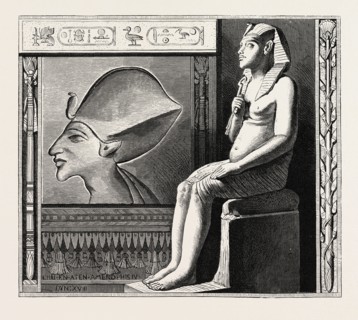 PORTRAIT STATUE AND RELIEF OF THE FANATICAL KING AMENOPHIS IV.  Egypt, engraving 1879