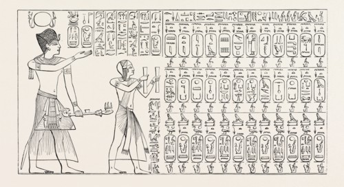 TABLET OF KINGS AT ABYDOS. Egypt, engraving 1879