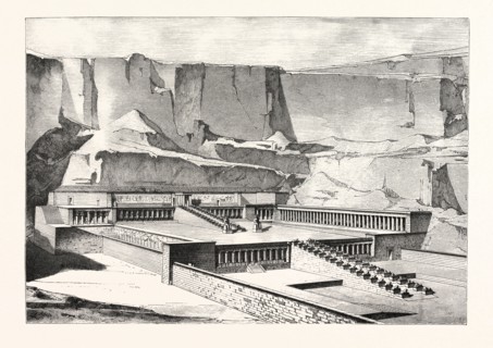 TEMPLE OF DEYR-EL-BAHREE, IMAGINARY RESTORATION, BY E. BRUNE. Egypt, engraving 1879