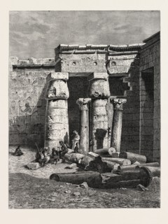 COURT WITH REMAINS OF A CHRISTIAN CHURCH AT MEDINET HABOO. Egypt, engraving 1879
