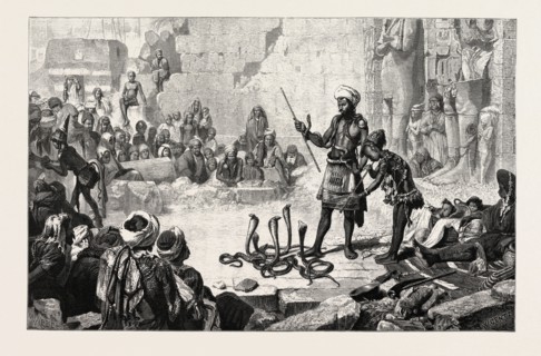 Snake charmer in the court of Medinet Haboo. Egypt, engraving 1879
