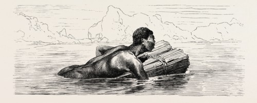 NUBIAN SWIMMING ON A BUNDLE OF REEDS. Egypt, engraving 1879