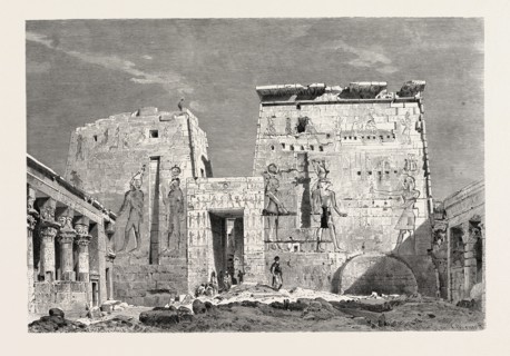 PERISTYLE IN THE TEMPLE OF ISIS ON THE ISLAN OF PHILAE. Egypt, engraving 1879