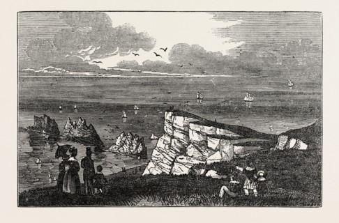 THE NEEDLES, AS SEEN FROM THE CLIFFS, a row of three distinctive stacks of chalk that rise out of