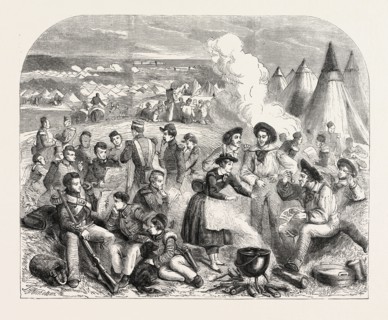 The mail arrives from London to the English camp in the Crimea. The Crimean War, 1855, Engraving