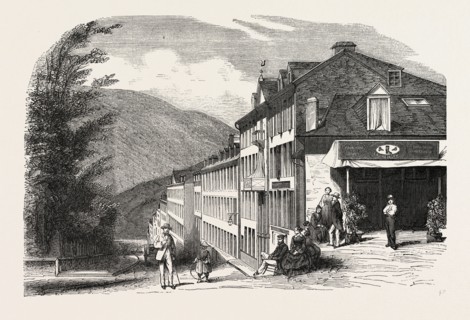 The grande street of Eaux-Bonnes, Pyrenees-Atlantiques, France. engraving 1855
