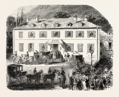 Arrival of the Empress at Government House. Eaux-Bonnes, Pyrenees-Atlantiques, France. engraving