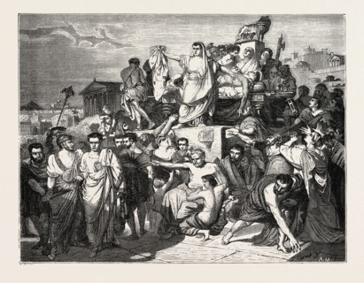 The death of Caesar, painting by M. Court. engraving 1855