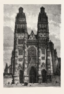 Facade of the metropolitan church of Tours, France. engraving 1855
