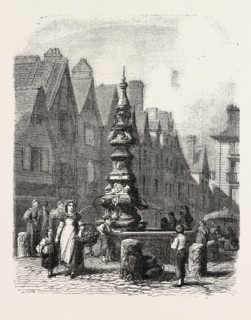 Fountain on the  grand marché in Tours, France. engraving 1855