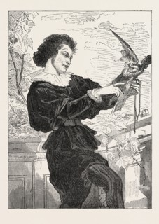 Salon of 1855. The Young Falconer, painting by Couture, France. engraving 1855