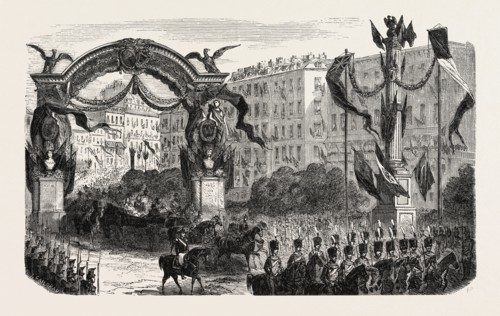 Passage of the Queen of England under the triumphal arch erected by the artists of the opera, and